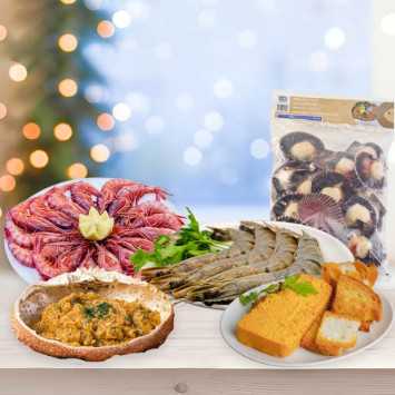 Lote de navidad premium 4: langostino tigre, gamba roja, txangurro, zamburiñas y pastel de cabracho.