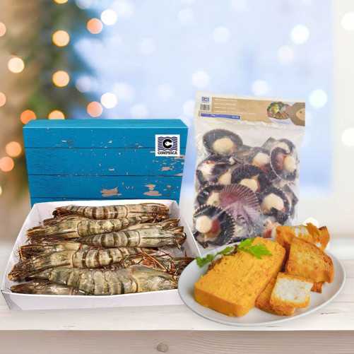 Lote de navidad 9: langostino tigre jumbo gigante xxl, pastel de cabracho y zamburiñas
