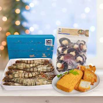 Lote de navidad 9: langostino tigre jumbo gigante xxl, pastel de cabracho y zamburiñas