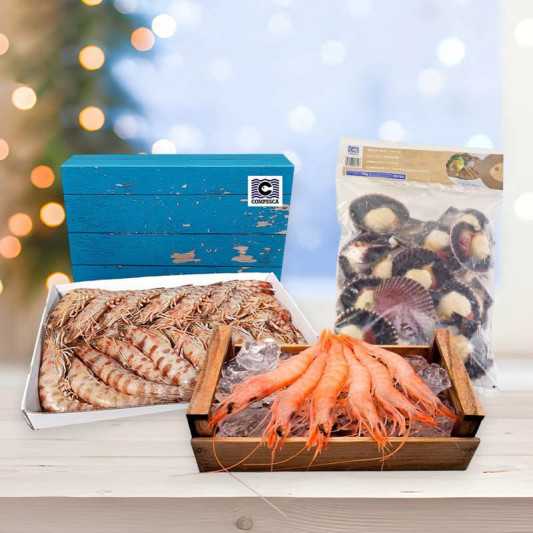 Lote de navidad 8: langostino de huelva, gamba blanca de huelva y zamburiñas.