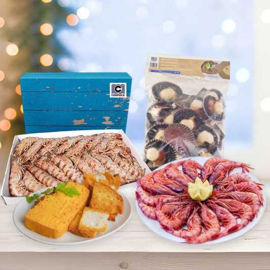 Lote de navidad premium 5: gamba blanca de huelva, gamba roja, zamburiñas y pastel de cabracho.