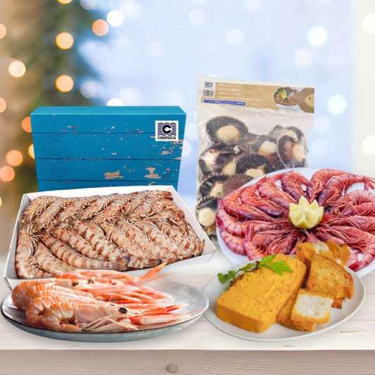 Lote de navidad premium 3: gamba roja, langostino de huelva, cigalas, zamburiñas y pastel de cabracho.