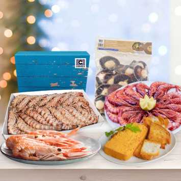Lote de navidad premium 3: gamba roja, langostino de huelva, cigalas, zamburiñas y pastel de cabracho.